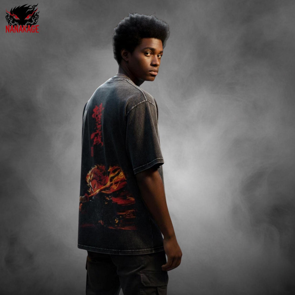 Black acid-wash oversized t-shirt with Flame Hashira anime graphic print.