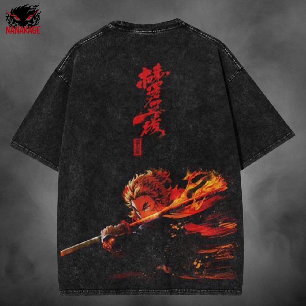 Black acid-wash oversized t-shirt with Flame Hashira anime graphic print.