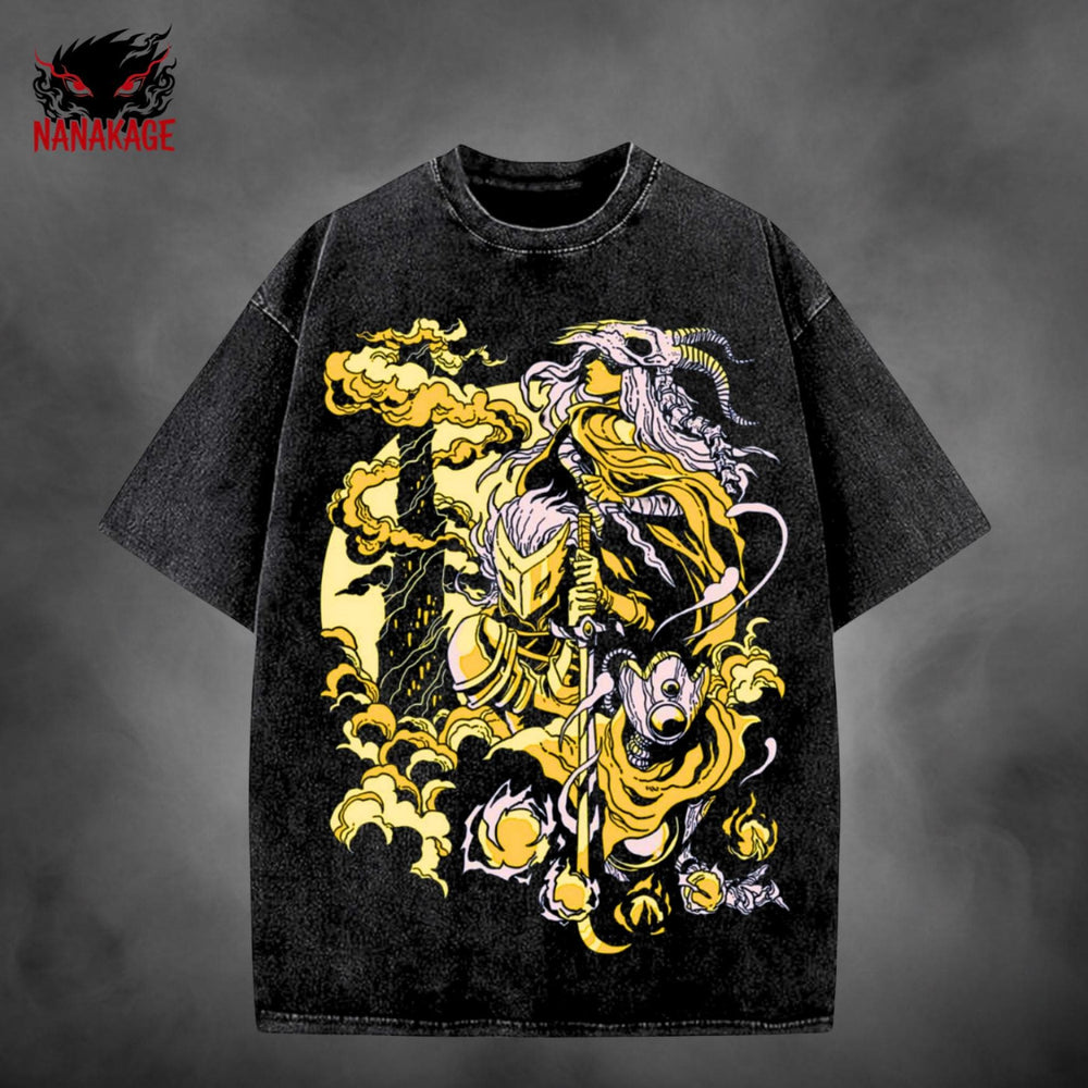 Black acid-wash oversized t-shirt with Slay The Spire indie game graphic print.