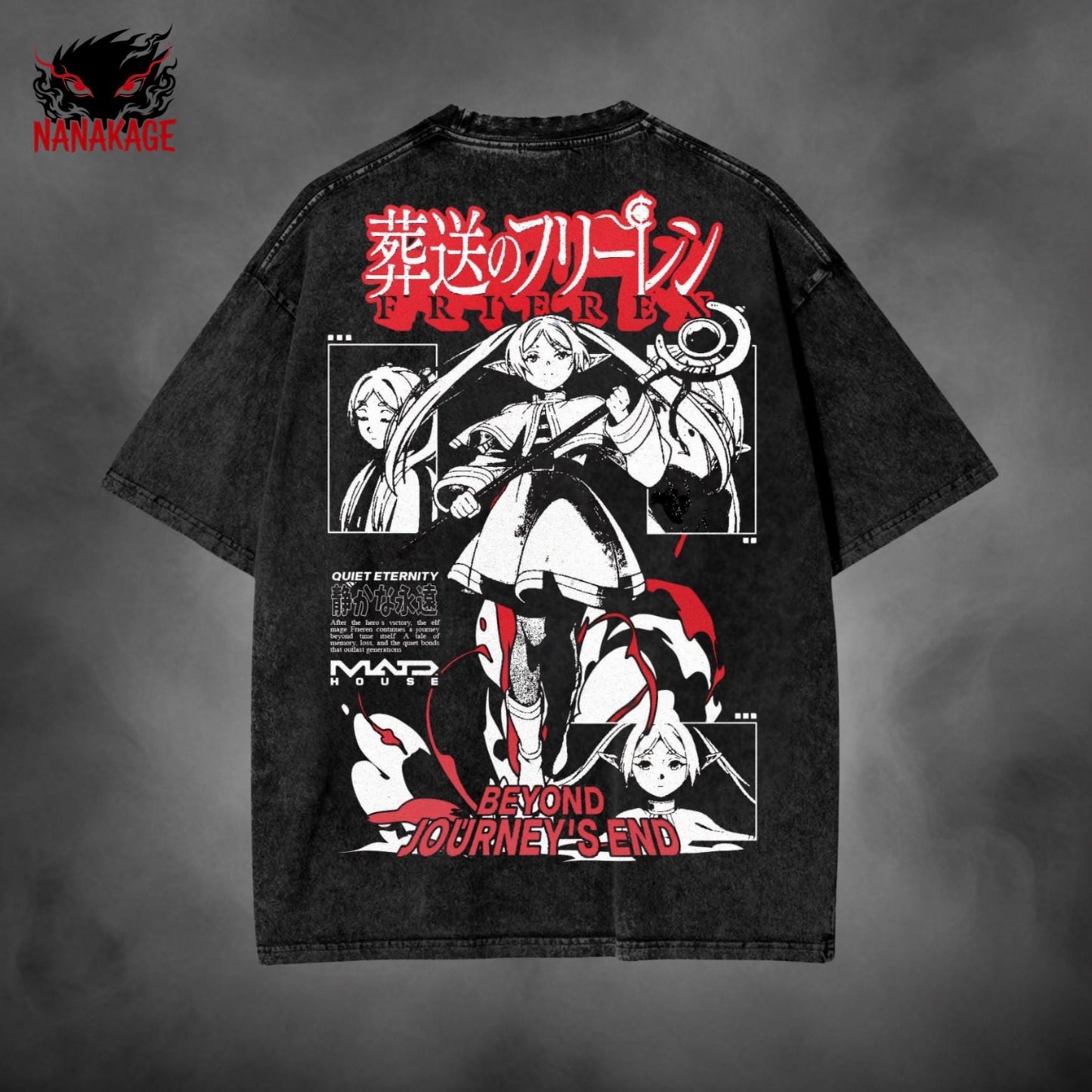 Gray acid-wash oversized t-shirt with Frieren anime graphic print.