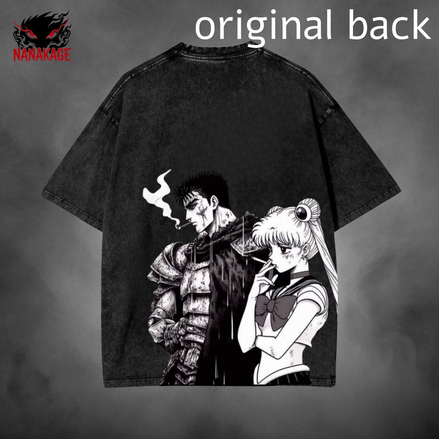 Black acid-wash oversized t-shirt with Guts X Usagi anime graphic print.