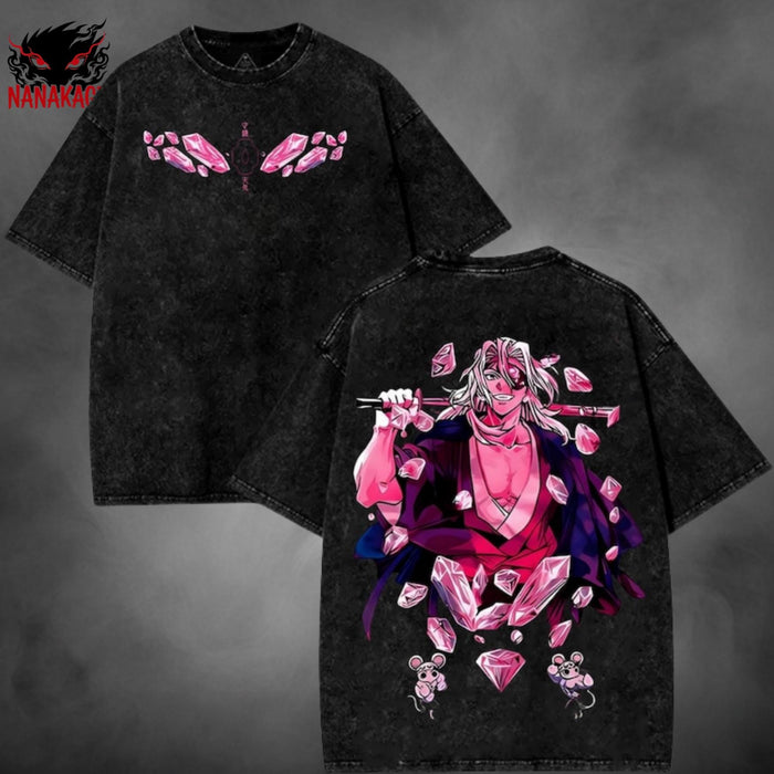 Blue acid-wash oversized t-shirt with Sound Hashira anime graphic print.