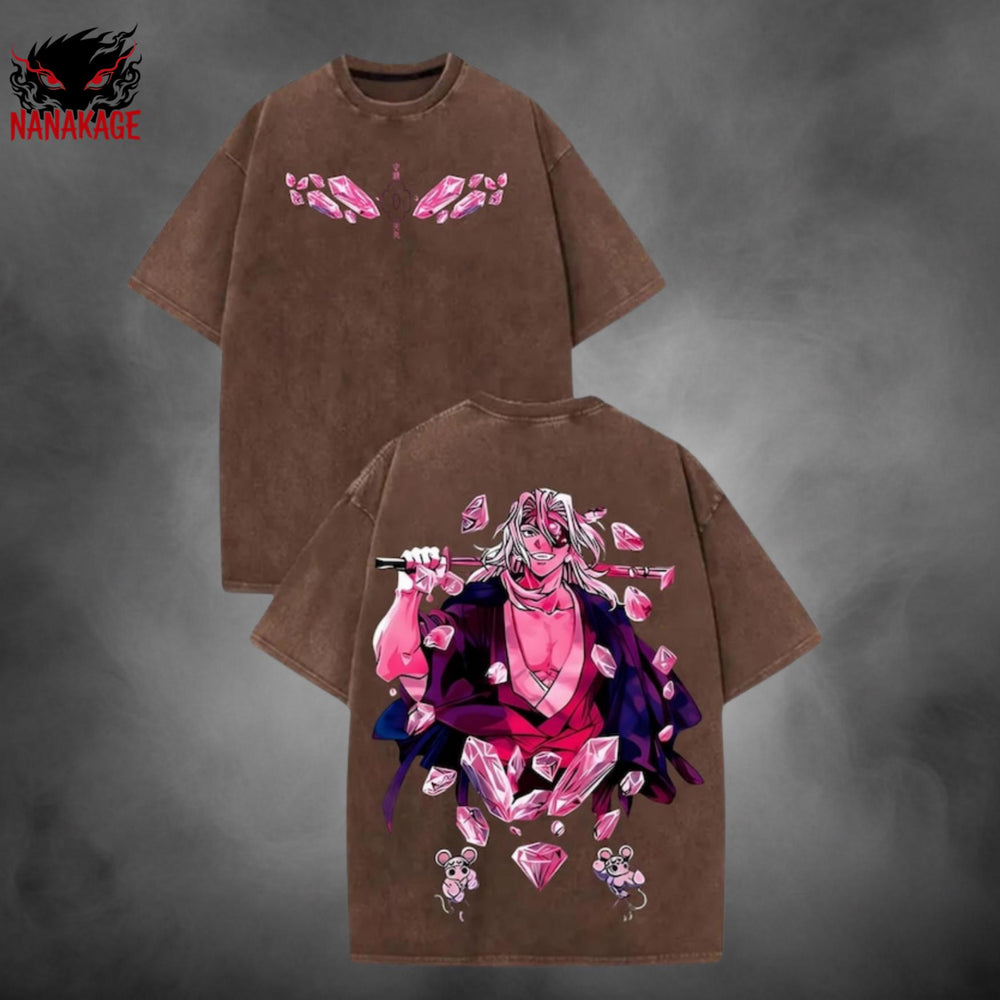 Brown acid-wash oversized t-shirt with Sound Hashira anime graphic print.