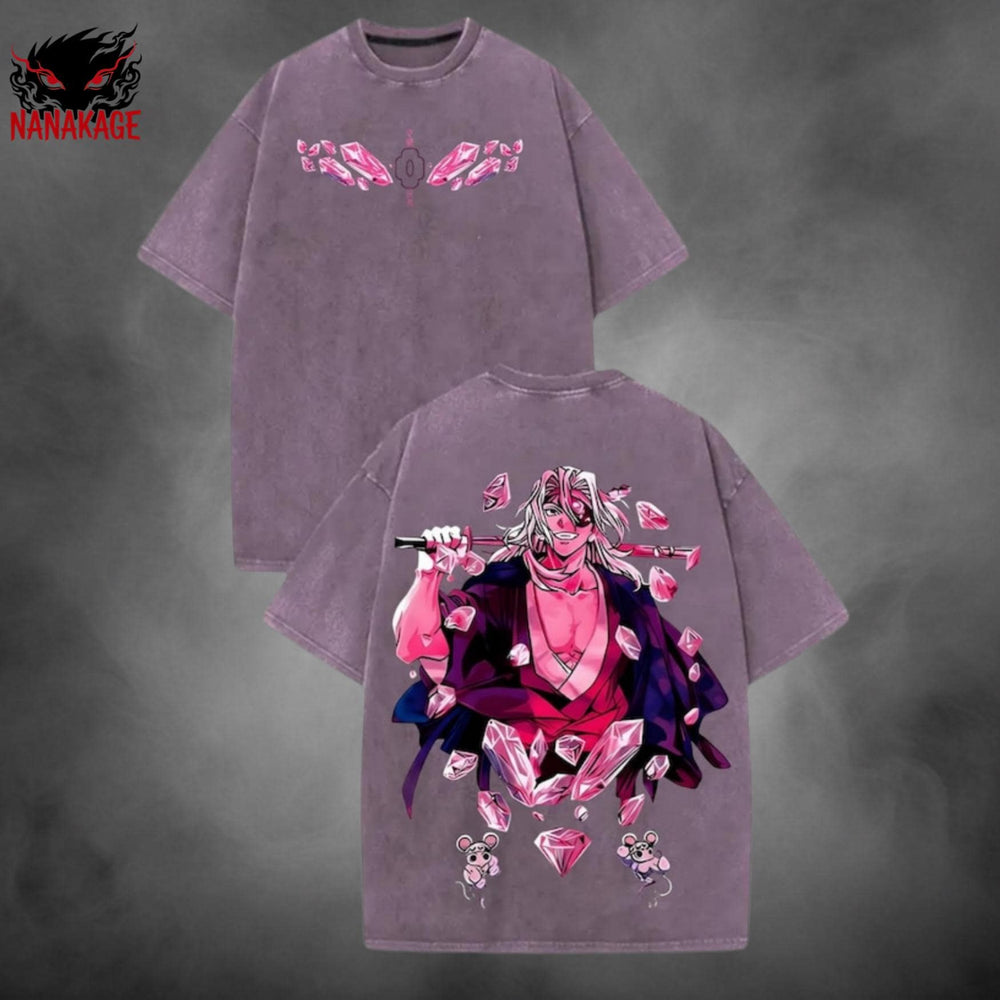 Purple acid-wash oversized t-shirt with Sound Hashira anime graphic print.