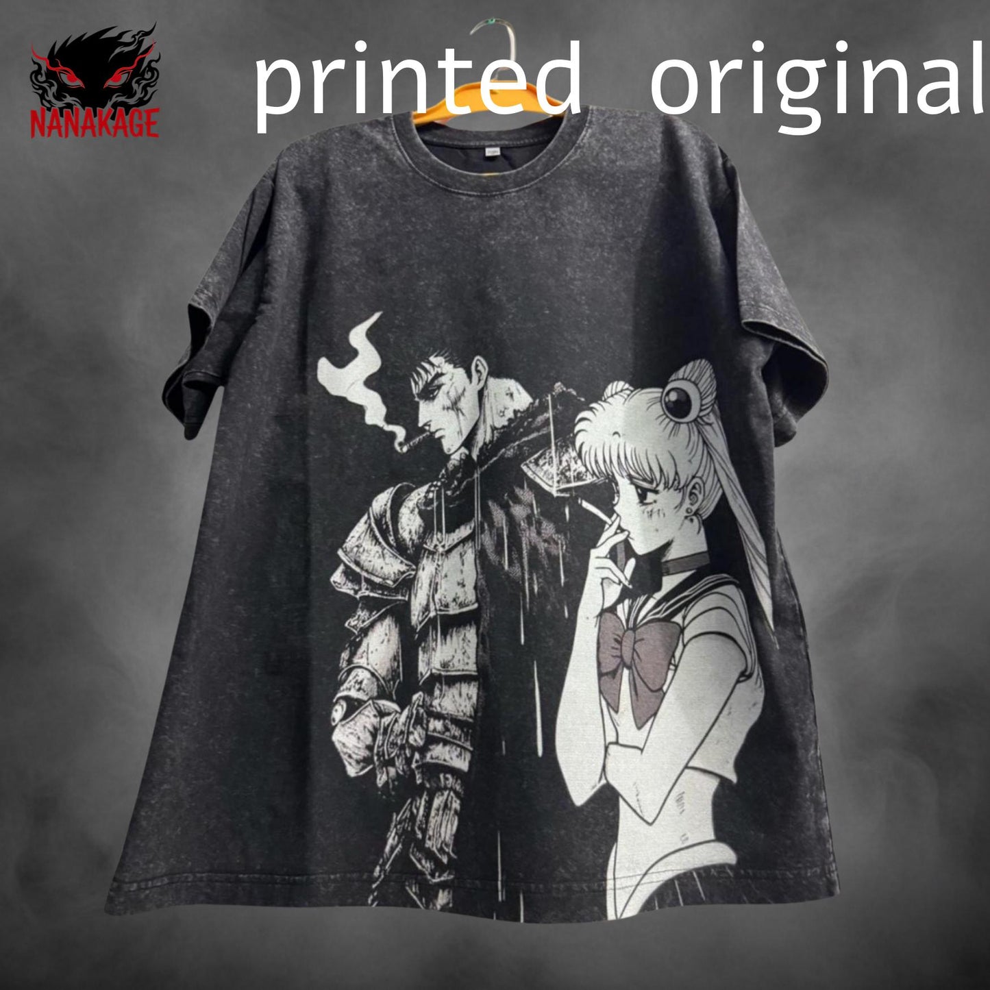 Black acid-wash oversized t-shirt with Guts X Usagi anime graphic print.