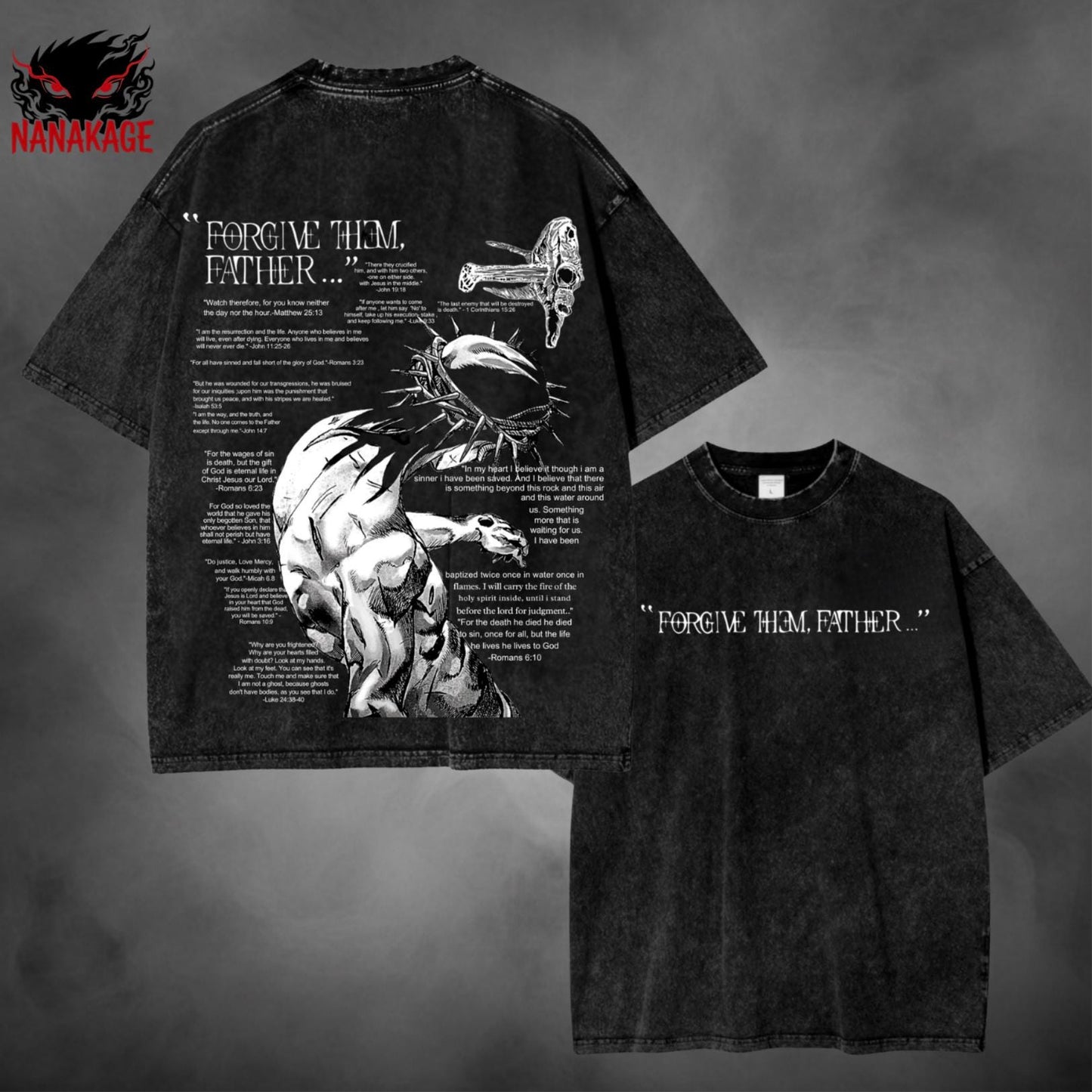 Gray acid-wash oversized t-shirt with Jesus SBR dark fantasy manga graphic print.