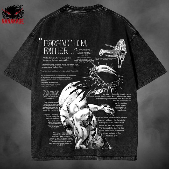 Black acid-wash oversized t-shirt with Jesus SBR dark fantasy manga graphic print.