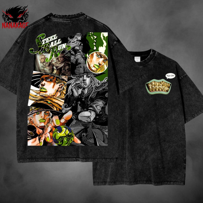 Black acid-wash oversized t-shirt with Gyro Zeppeli anime graphic print.