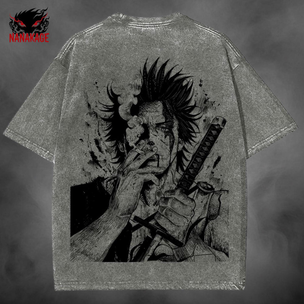 Blue acid-wash oversized t-shirt with Yami anime graphic print.