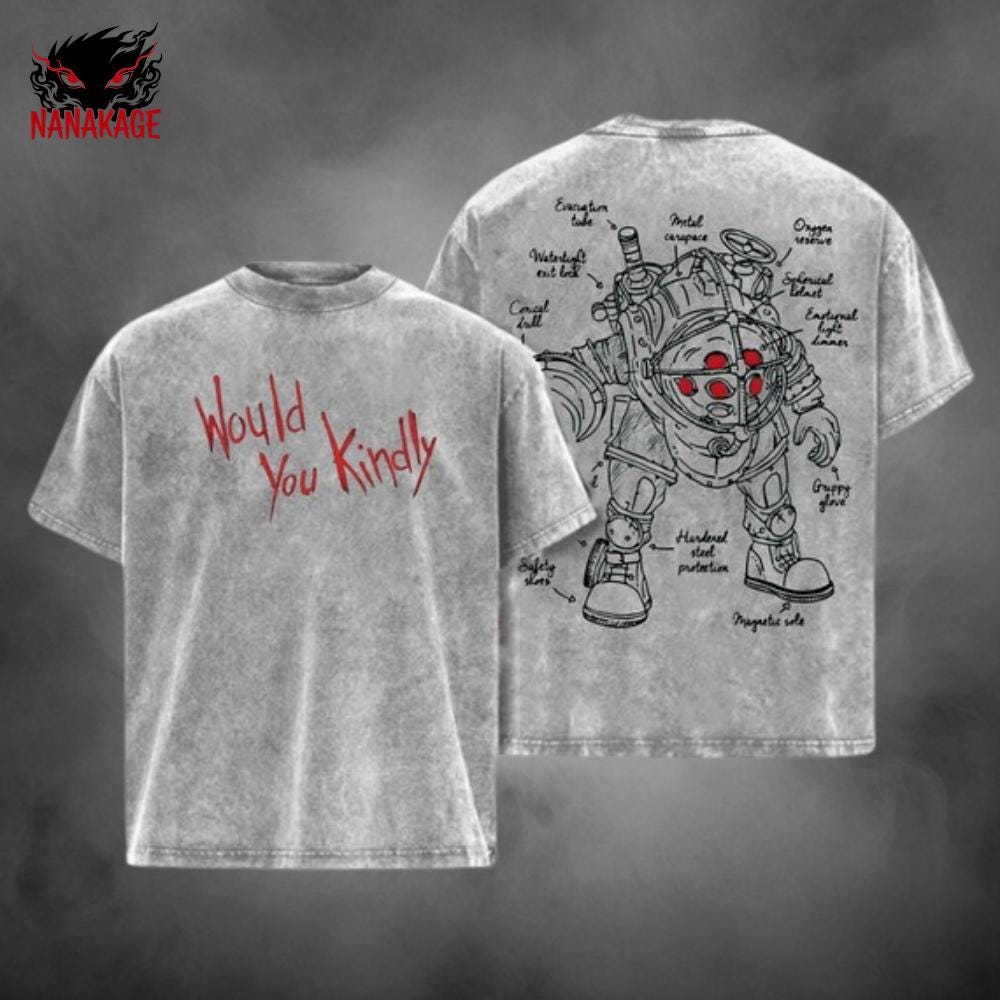 Black acid-wash oversized t-shirt with BioShock video game graphic print.