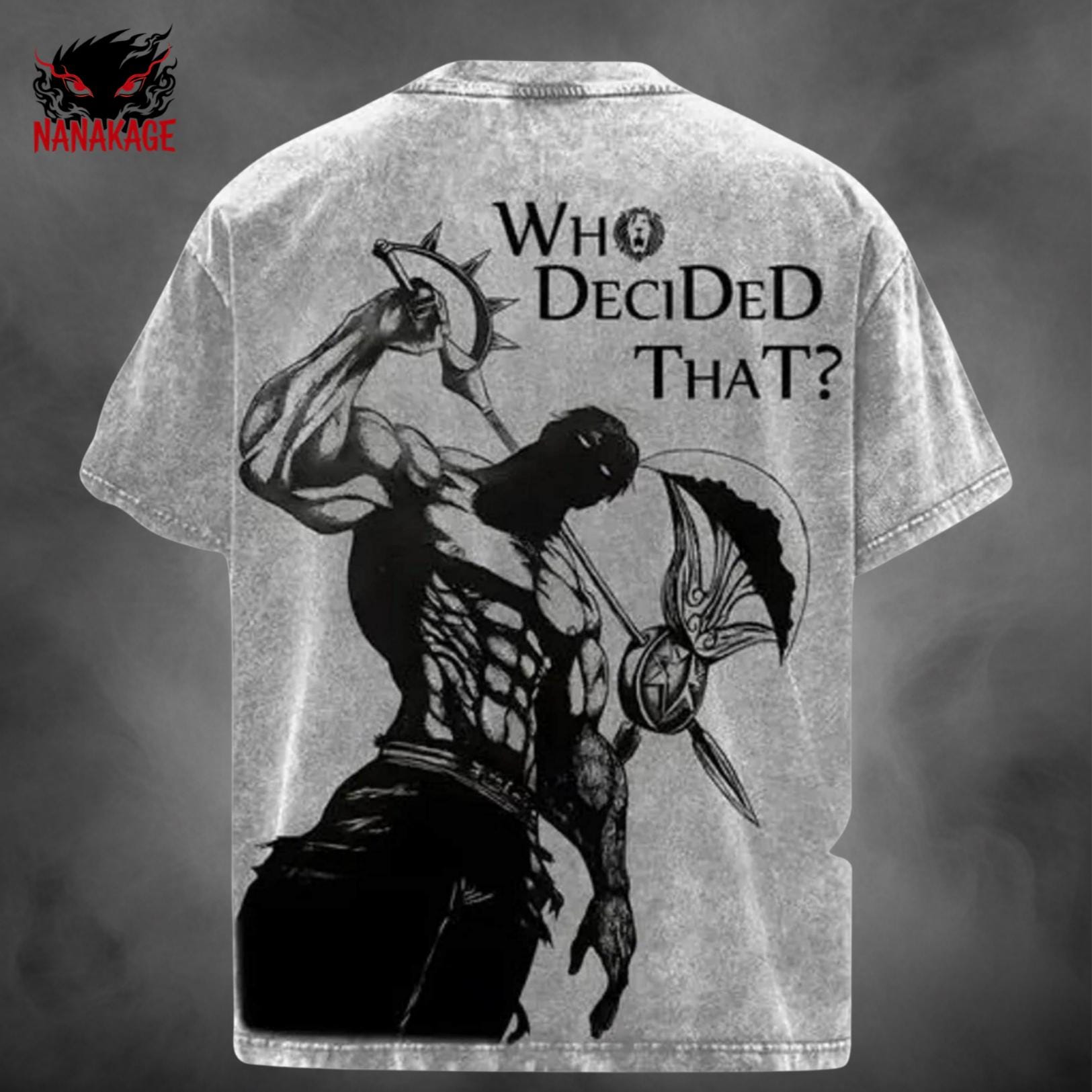 Acid-wash oversized t-shirt with Escanor anime graphic print.