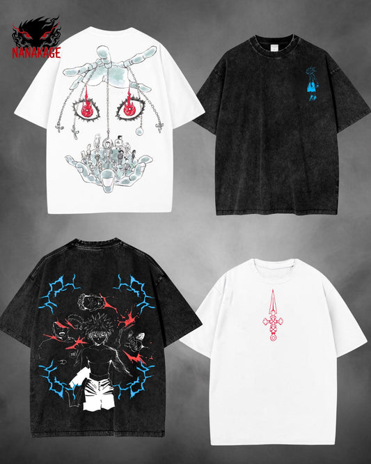 Black acid-wash oversized t-shirt with Hunter X Hunter anime graphic print.