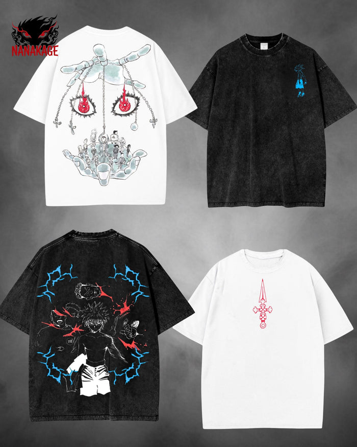 Black acid-wash oversized t-shirt with Hunter X Hunter anime graphic print.