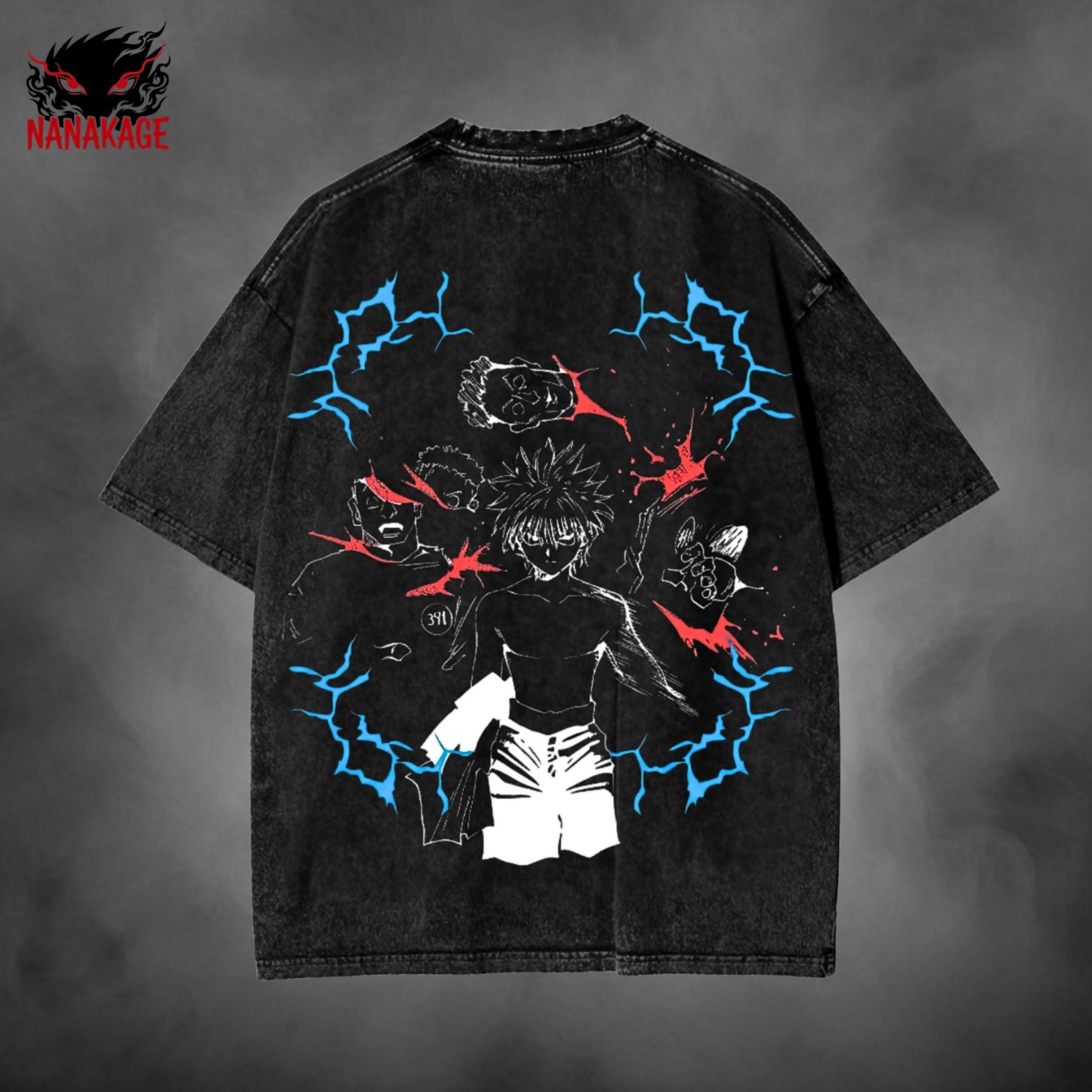Black acid-wash oversized t-shirt with Hunter X Hunter anime graphic print.
