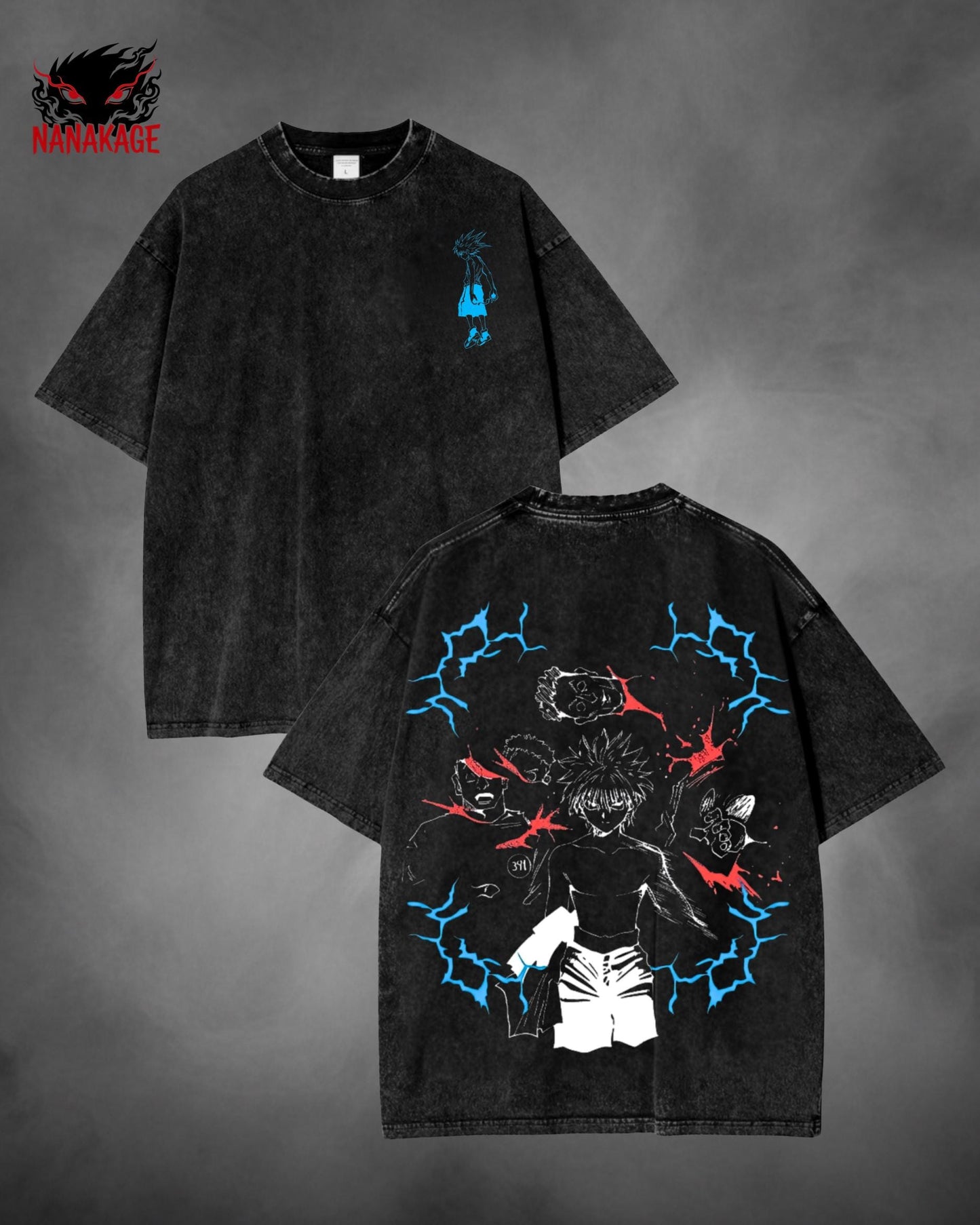Gray acid-wash oversized t-shirt with Hunter X Hunter anime graphic print.