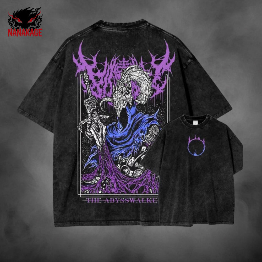 Black acid-wash oversized t-shirt with Soulsborne video game graphic print.
