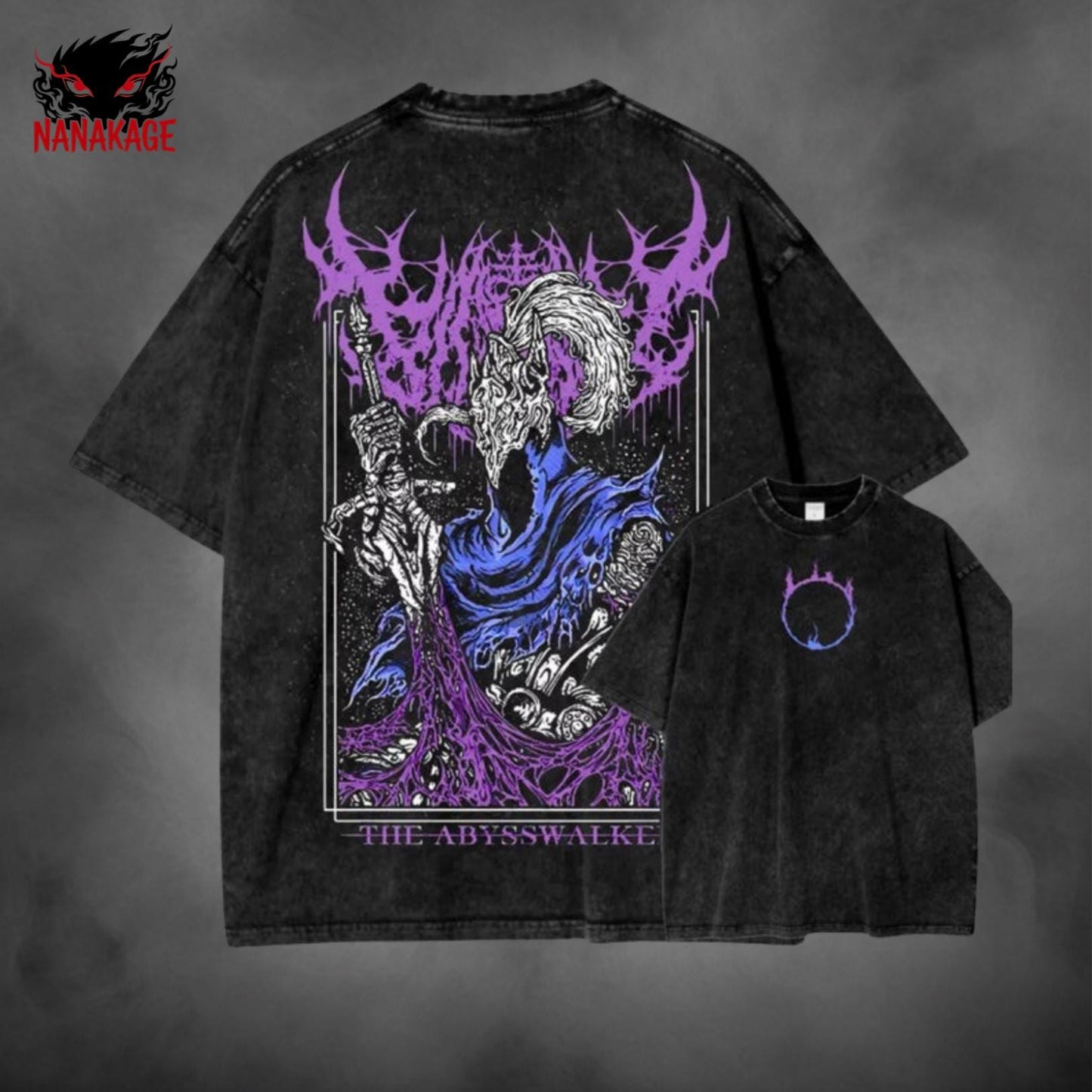 Black acid-wash oversized t-shirt with Soulsborne video game graphic print.