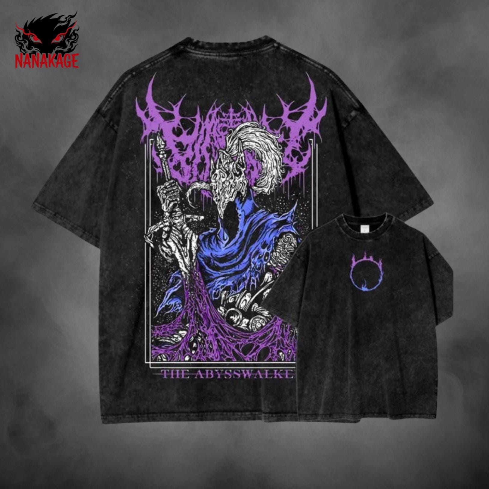 Black acid-wash oversized t-shirt with Soulsborne video game graphic print.