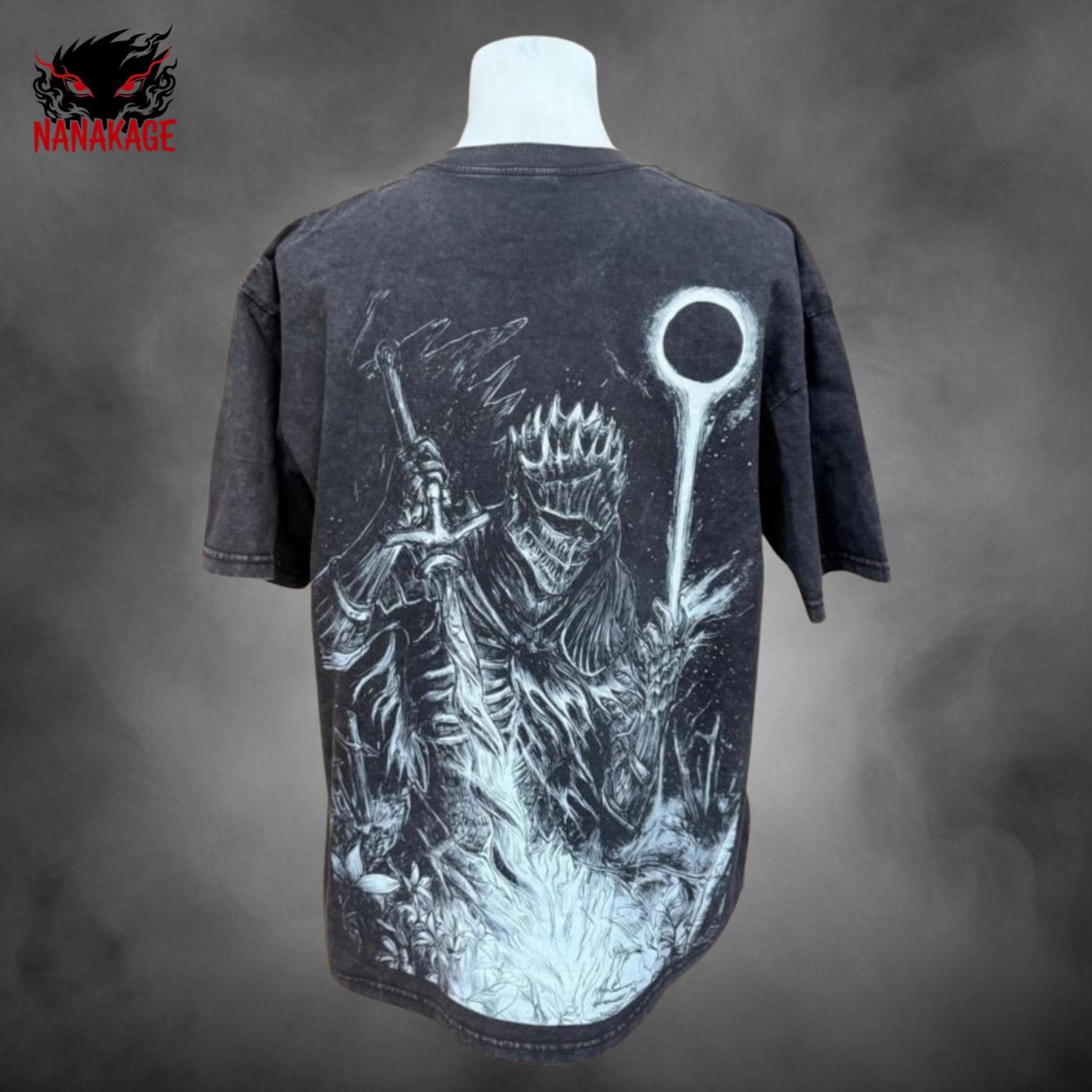Black acid-wash oversized t-shirt with Soulsborne video game graphic print.