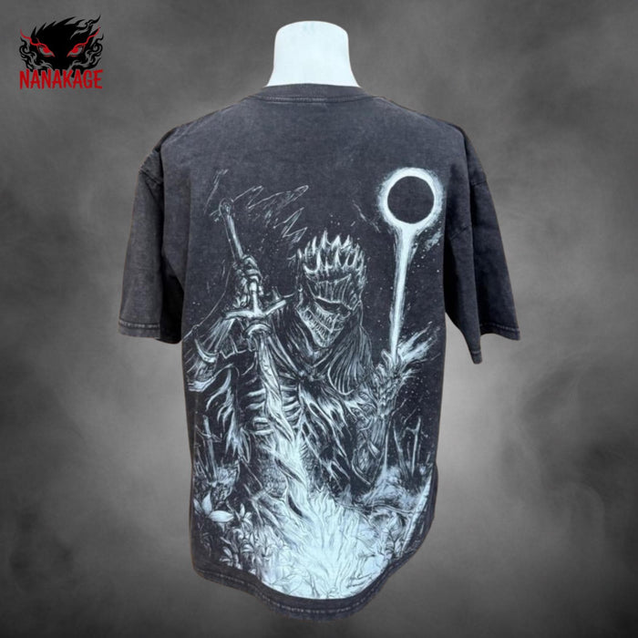 Black acid-wash oversized t-shirt with Soulsborne video game graphic print.