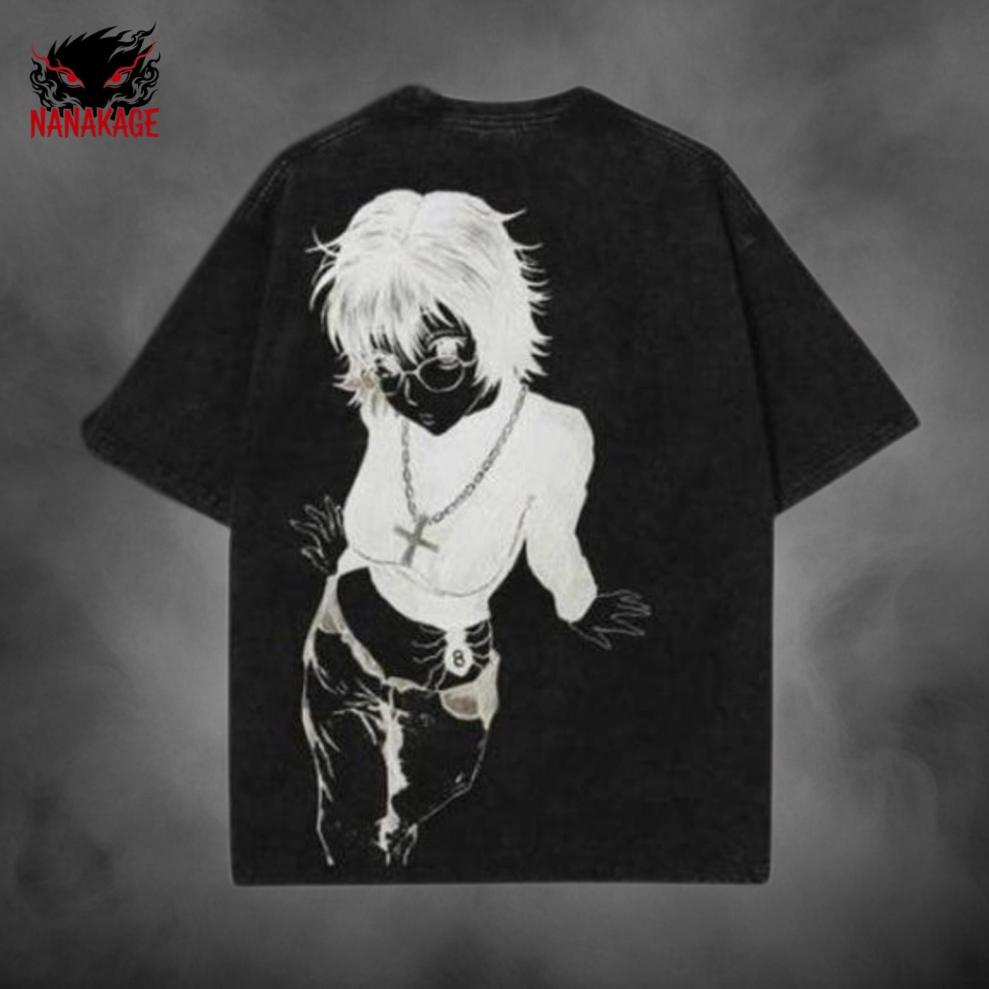Black acid-wash oversized t-shirt with Hunter X Hunter anime graphic print.