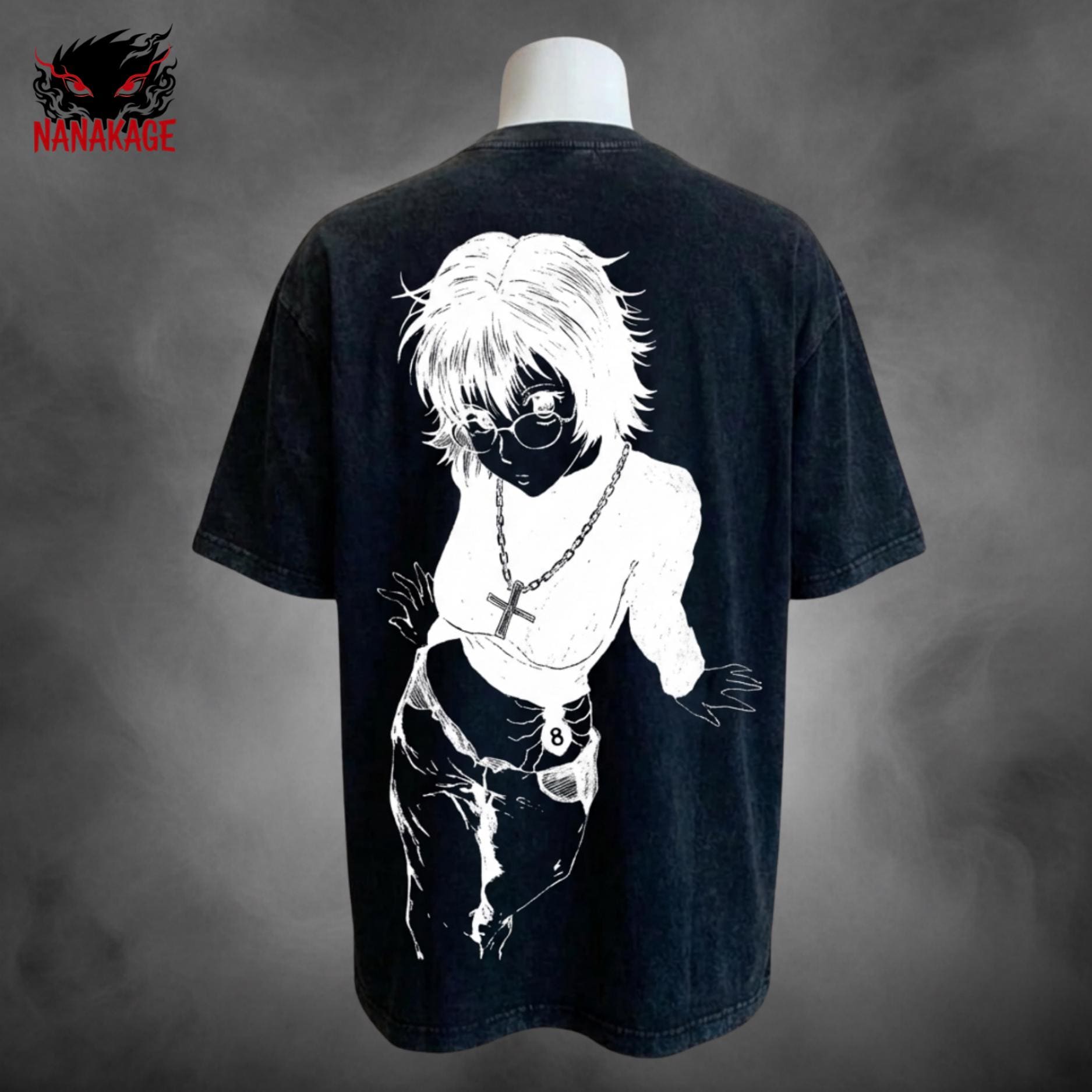 Gray acid-wash oversized t-shirt with Hunter X Hunter anime graphic print.