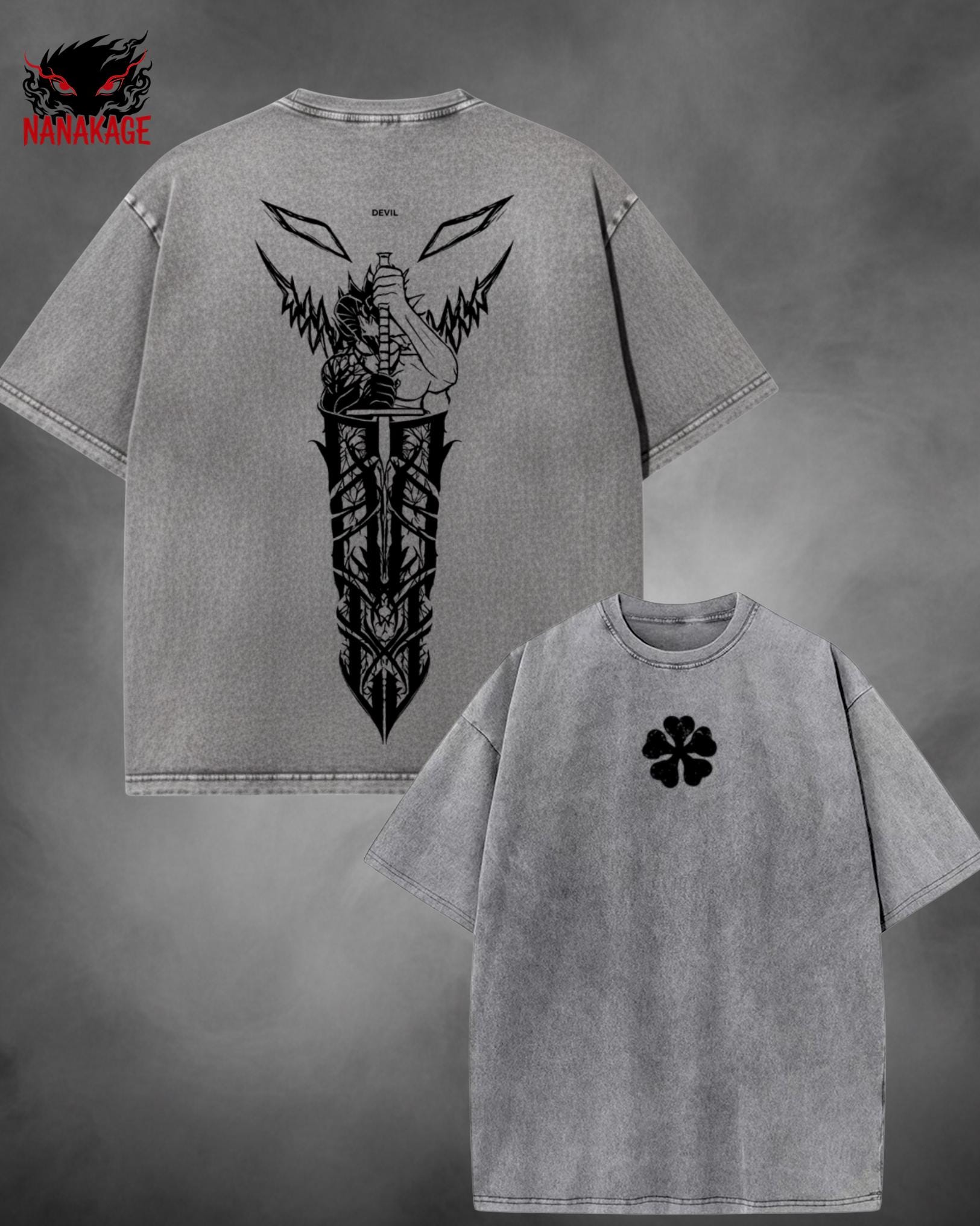 Black acid-wash oversized t-shirt with Asta anime graphic print.