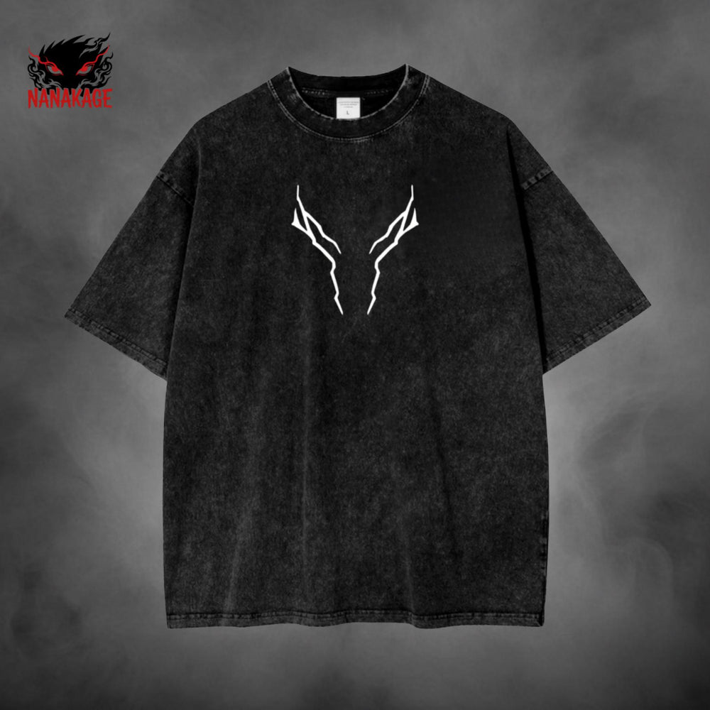 Gray acid-wash oversized t-shirt with Black Swordsman dark fantasy manga graphic print.