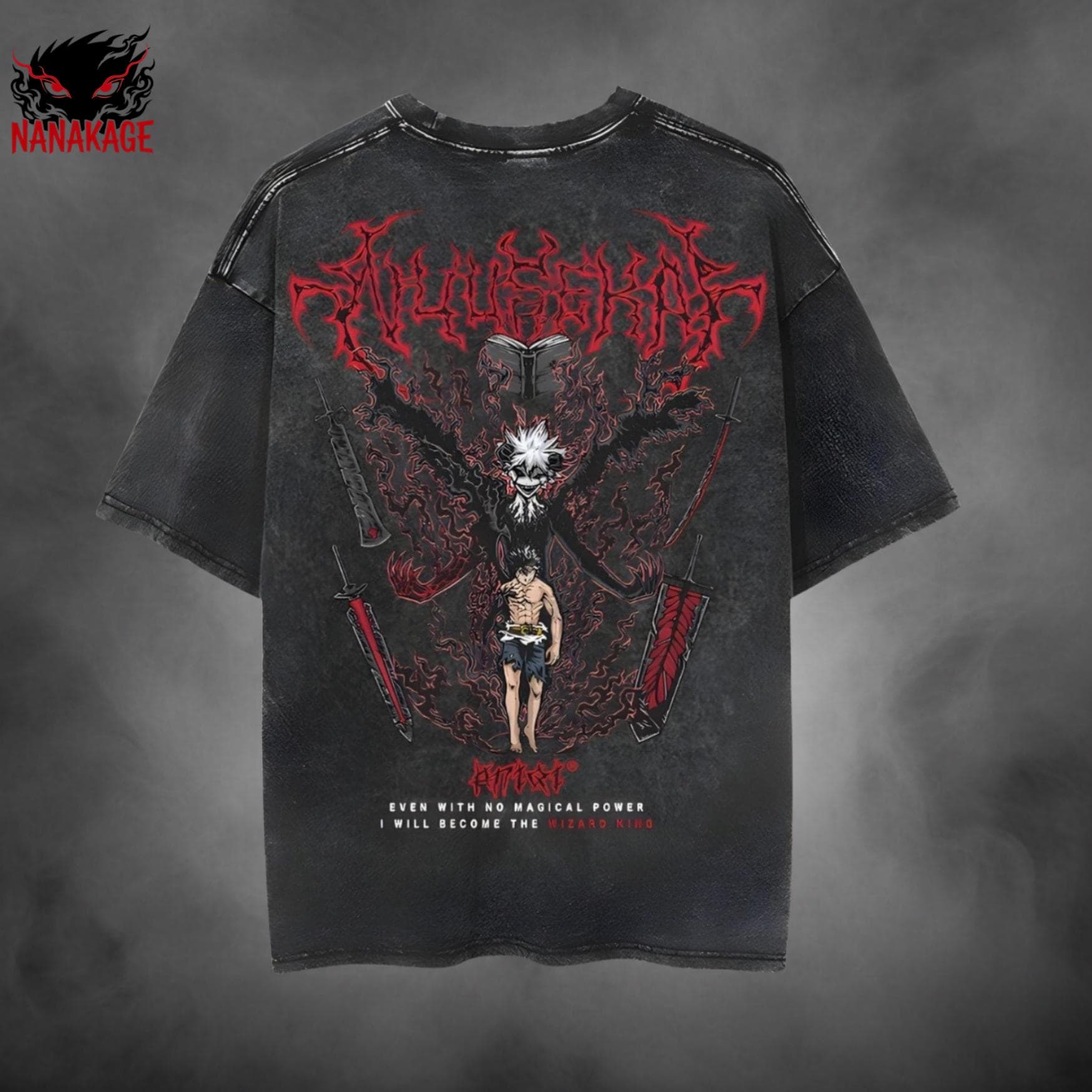 Black acid-wash oversized t-shirt with Asta anime graphic print.