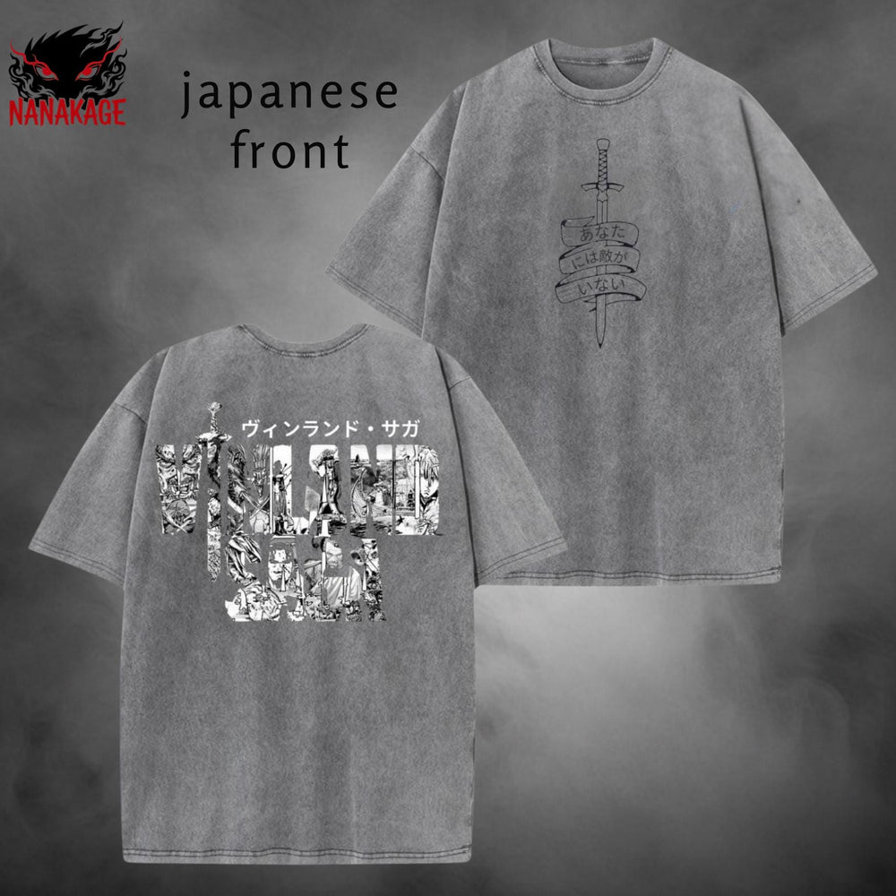 Acid-wash oversized pullover hoodie with No Enemies anime graphic print.
