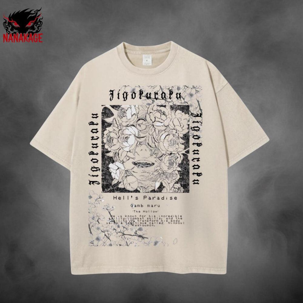 Black acid-wash oversized t-shirt with Hell's Paradise anime graphic print.