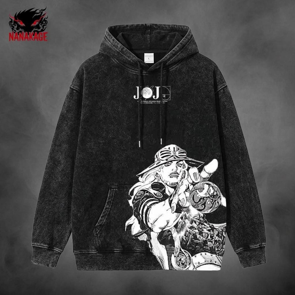 Black acid-wash oversized t-shirt with Steel Ball Run anime graphic print.
