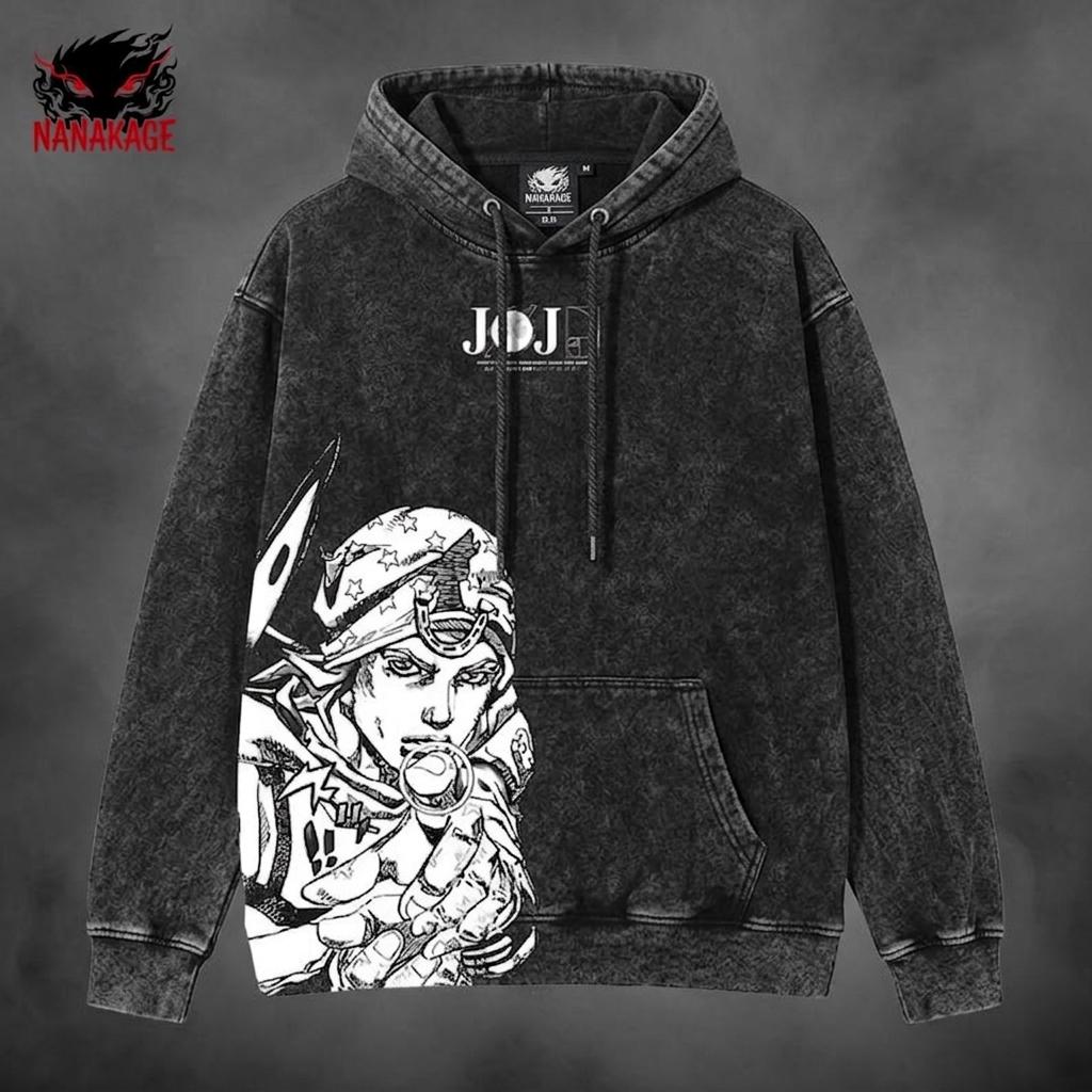 Black acid-wash oversized t-shirt with Steel Ball Run anime graphic print.