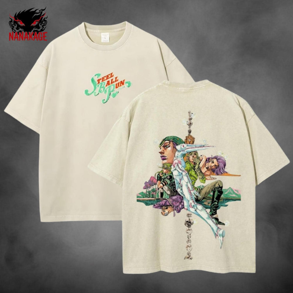 Apricot acid-wash oversized t-shirt with Gyro Zeppeli anime graphic print.