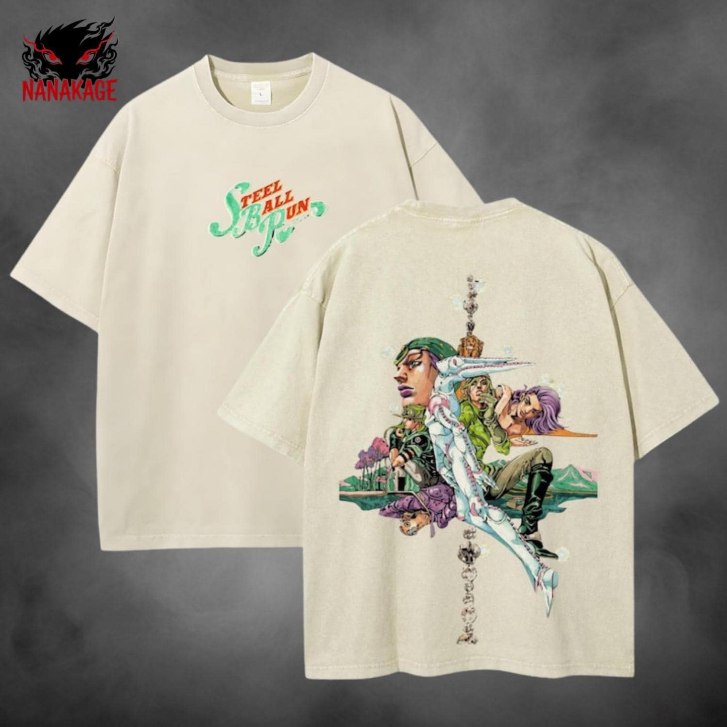 Apricot acid-wash oversized t-shirt with Gyro Zeppeli anime graphic print.