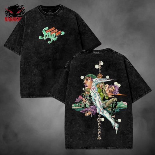 Apricot acid-wash oversized t-shirt with Gyro Zeppeli anime graphic print.