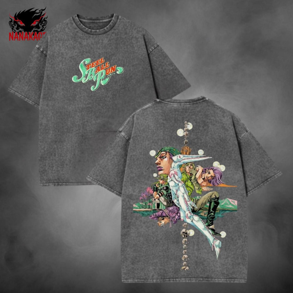 Gray acid-wash oversized t-shirt with Gyro Zeppeli anime graphic print.