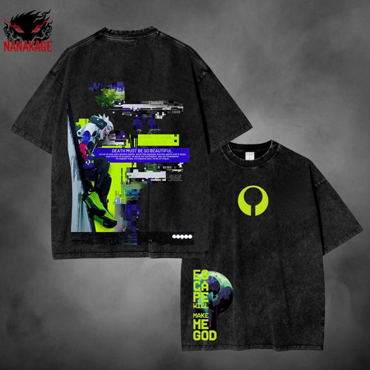 Green acid-wash oversized t-shirt with Marathon video game graphic print.