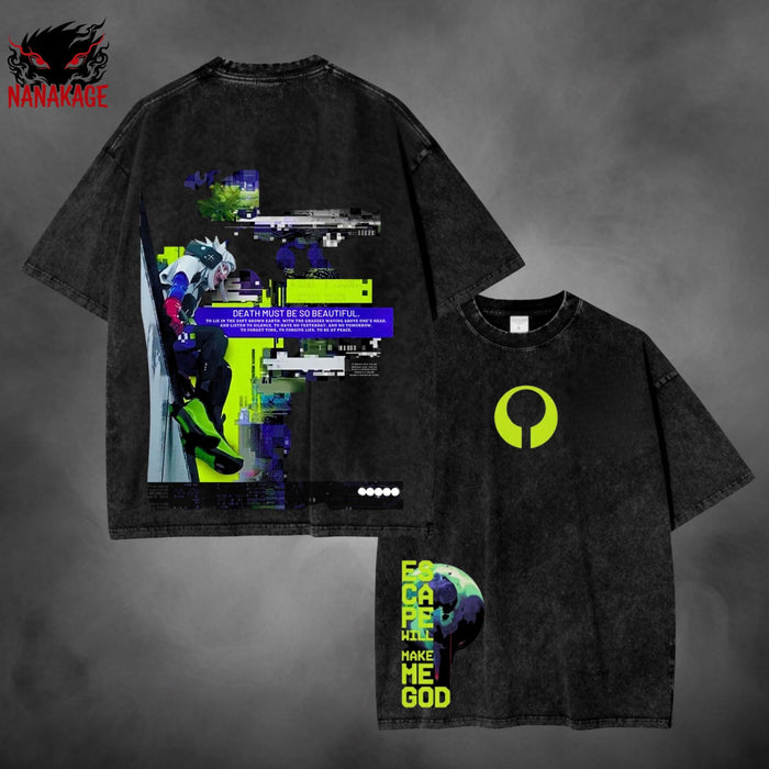 Green acid-wash oversized t-shirt with Marathon video game graphic print.