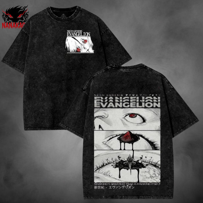 Black acid-wash oversized t-shirt with Rei Ayanami mecha anime graphic print.