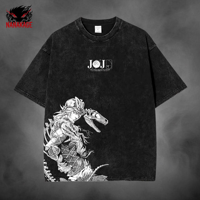 Black acid-wash oversized t-shirt with Diego SBR anime graphic print.