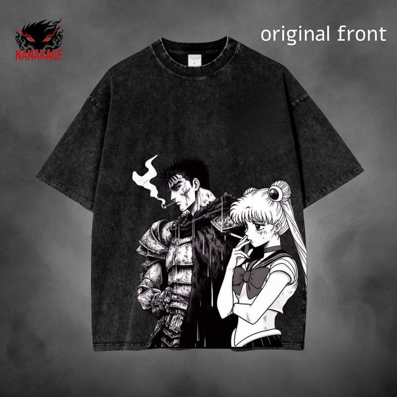 Gray acid-wash oversized t-shirt with Guts X Usagi anime graphic print.