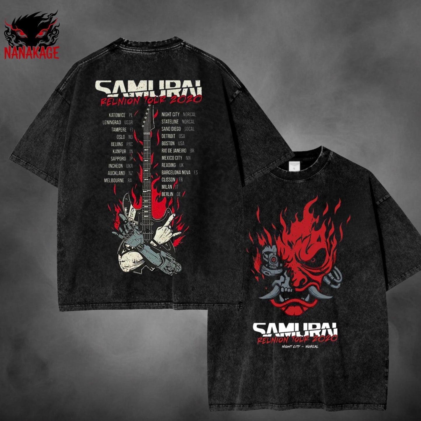 Black acid-wash oversized t-shirt with Phantom Liberty cyberpunk game graphic print.
