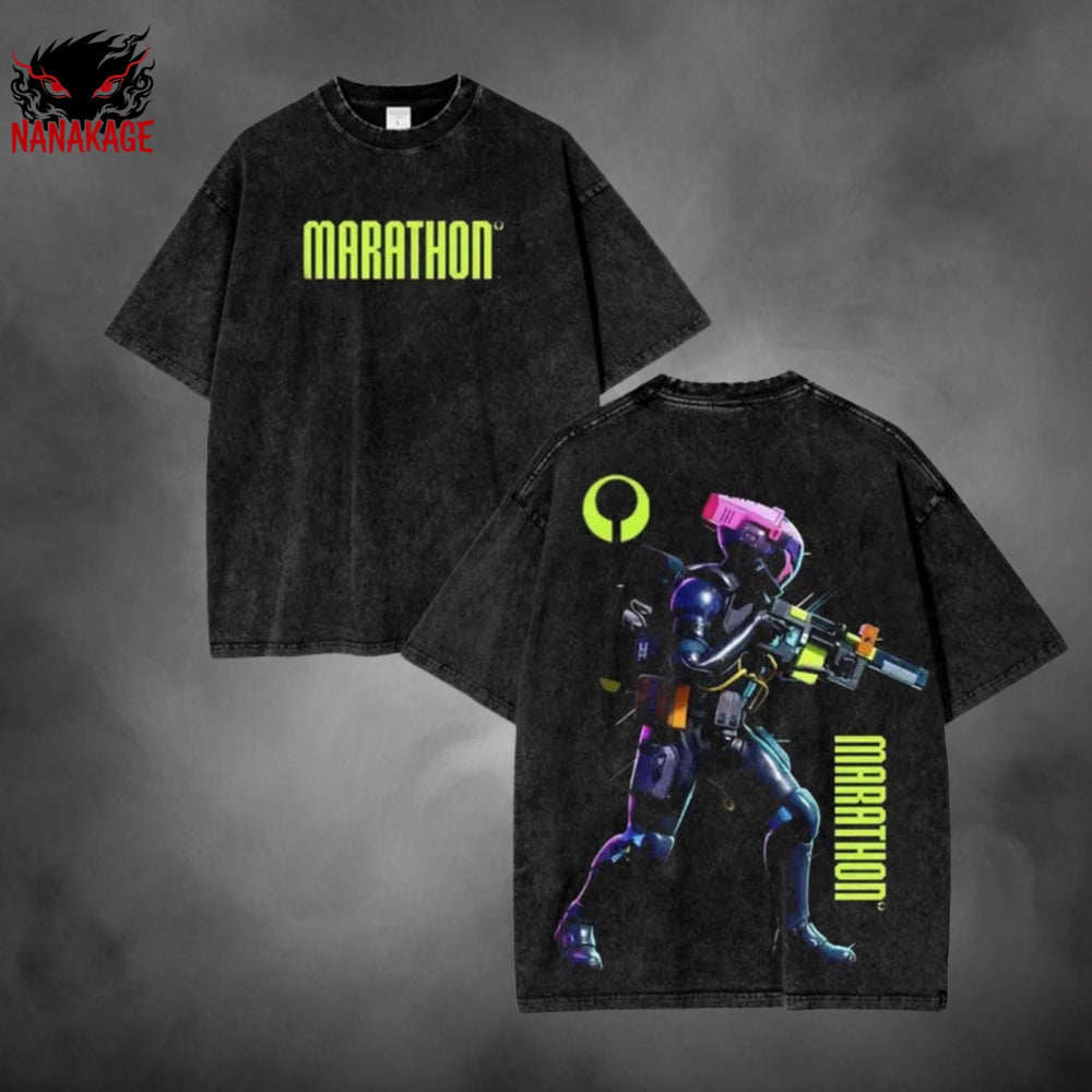 Black acid-wash oversized t-shirt with Marathon video game graphic print.
