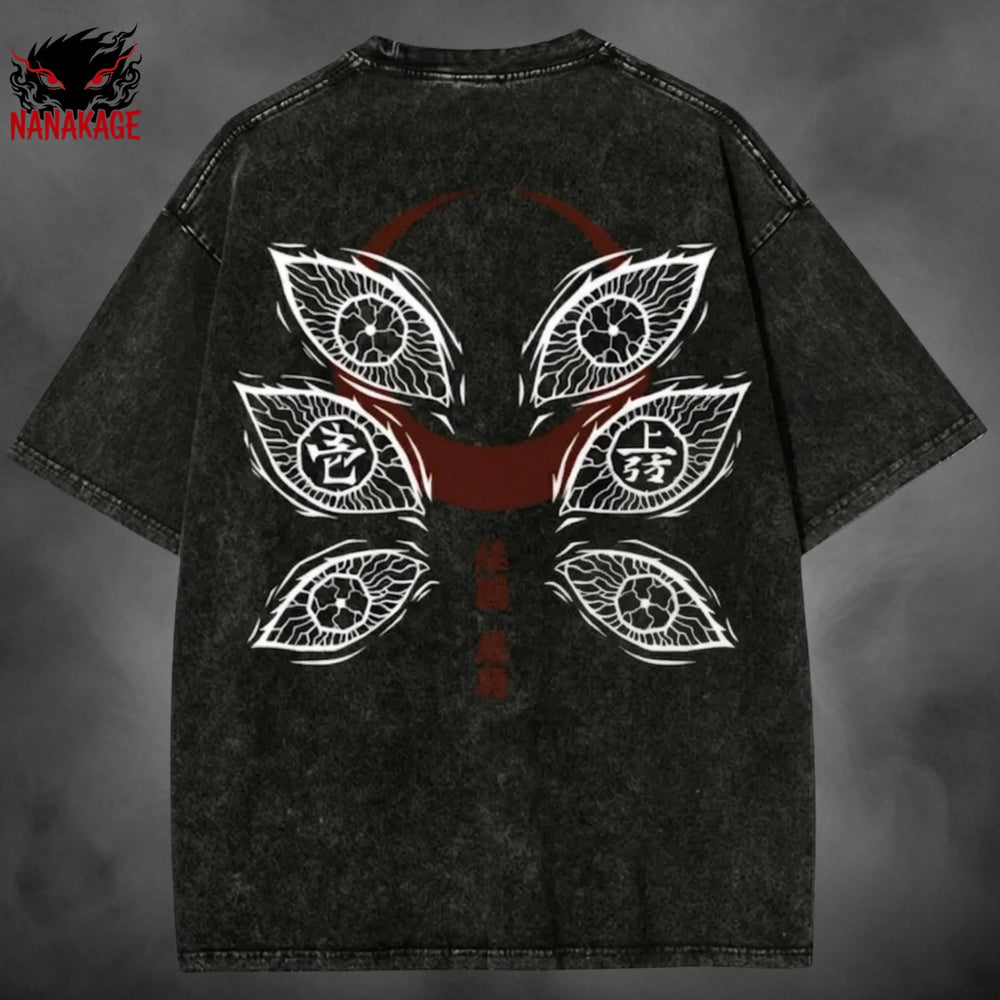 Gray acid-wash oversized t-shirt with Kokushibo anime graphic print.