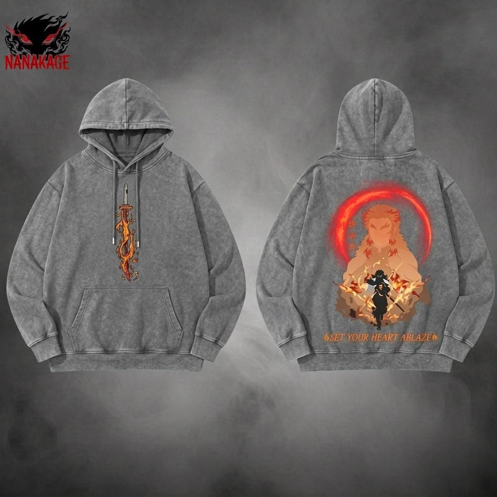 Gray acid-wash oversized t-shirt with Flame Hashira anime graphic print.