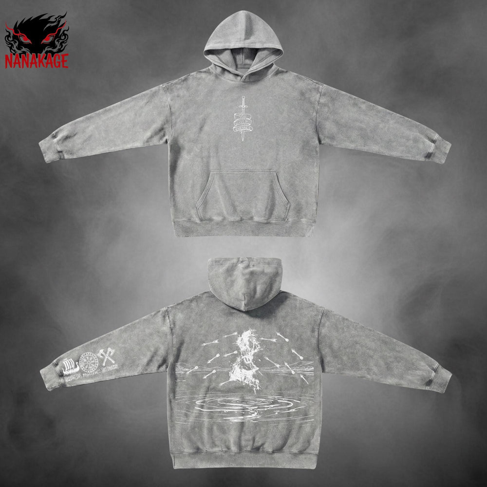 Black acid-wash oversized pullover hoodie with Thorfinn anime graphic print.