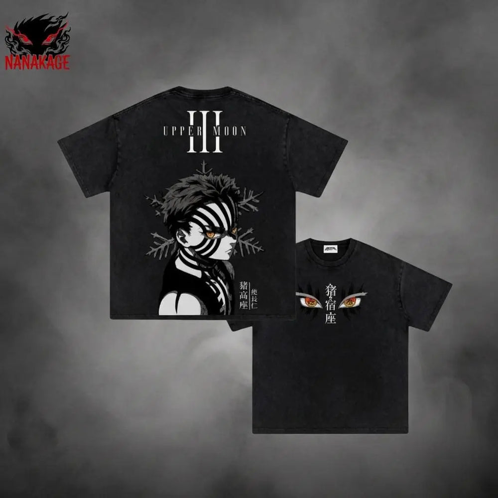 Black acid-wash oversized t-shirt with Akaza anime graphic print.