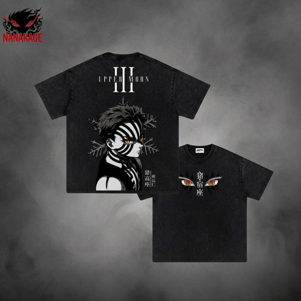 Black acid-wash oversized t-shirt with Akaza anime graphic print.