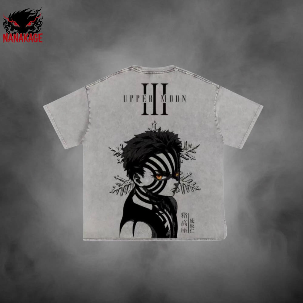 Black acid-wash oversized t-shirt with Akaza anime graphic print.